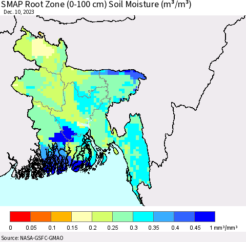Bangladesh SMAP Root Zone (0-100 cm) Soil Moisture (m³/m³) Thematic Map For 12/6/2023 - 12/10/2023