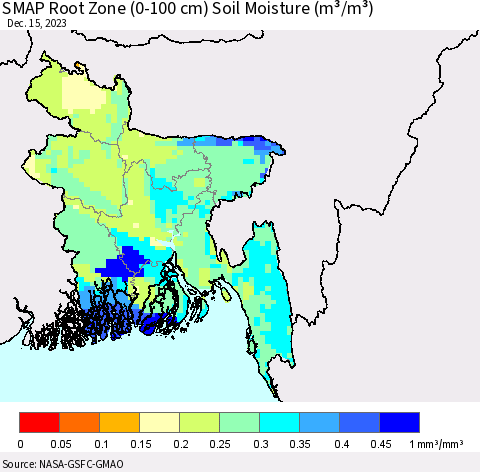 Bangladesh SMAP Root Zone (0-100 cm) Soil Moisture (m³/m³) Thematic Map For 12/11/2023 - 12/15/2023
