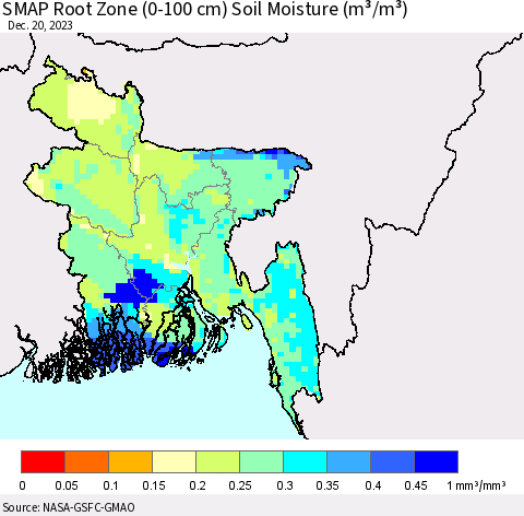Bangladesh SMAP Root Zone (0-100 cm) Soil Moisture (m³/m³) Thematic Map For 12/16/2023 - 12/20/2023