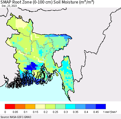 Bangladesh SMAP Root Zone (0-100 cm) Soil Moisture (m³/m³) Thematic Map For 12/21/2023 - 12/25/2023