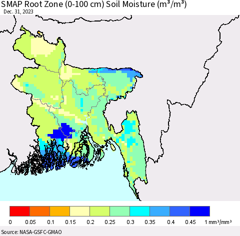 Bangladesh SMAP Root Zone (0-100 cm) Soil Moisture (m³/m³) Thematic Map For 12/26/2023 - 12/31/2023
