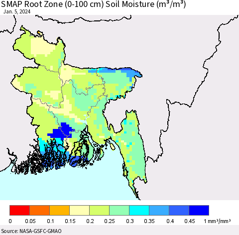Bangladesh SMAP Root Zone (0-100 cm) Soil Moisture (m³/m³) Thematic Map For 1/1/2024 - 1/5/2024