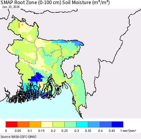 Bangladesh SMAP Root Zone (0-100 cm) Soil Moisture (m³/m³) Thematic Map For 1/6/2024 - 1/10/2024