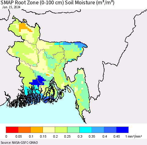 Bangladesh SMAP Root Zone (0-100 cm) Soil Moisture (m³/m³) Thematic Map For 1/11/2024 - 1/15/2024