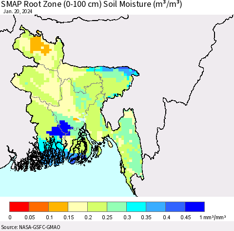 Bangladesh SMAP Root Zone (0-100 cm) Soil Moisture (m³/m³) Thematic Map For 1/16/2024 - 1/20/2024