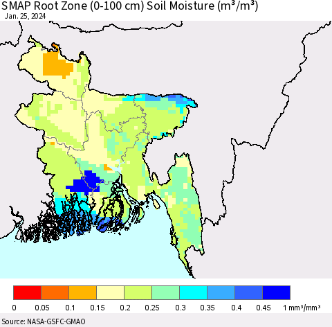 Bangladesh SMAP Root Zone (0-100 cm) Soil Moisture (m³/m³) Thematic Map For 1/21/2024 - 1/25/2024