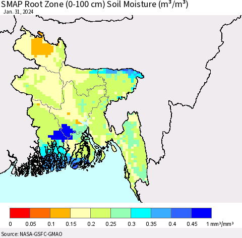 Bangladesh SMAP Root Zone (0-100 cm) Soil Moisture (m³/m³) Thematic Map For 1/26/2024 - 1/31/2024