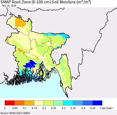Bangladesh SMAP Root Zone (0-100 cm) Soil Moisture (m³/m³) Thematic Map For 2/6/2024 - 2/10/2024