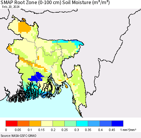 Bangladesh SMAP Root Zone (0-100 cm) Soil Moisture (m³/m³) Thematic Map For 2/16/2024 - 2/20/2024