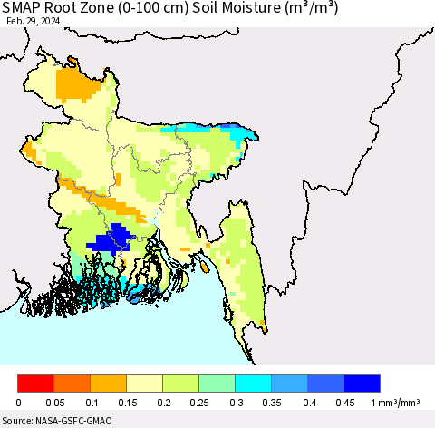 Bangladesh SMAP Root Zone (0-100 cm) Soil Moisture (m³/m³) Thematic Map For 2/26/2024 - 2/29/2024