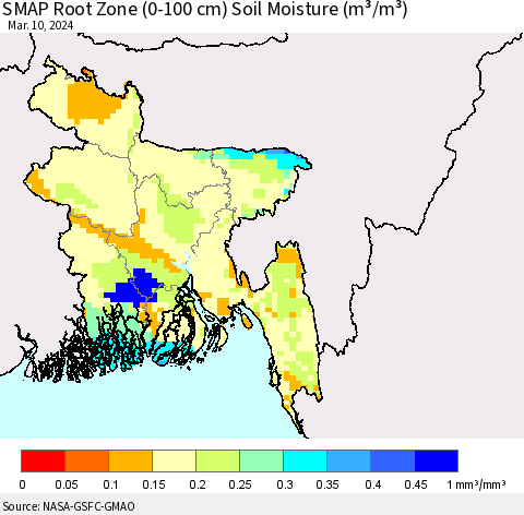 Bangladesh SMAP Root Zone (0-100 cm) Soil Moisture (m³/m³) Thematic Map For 3/6/2024 - 3/10/2024