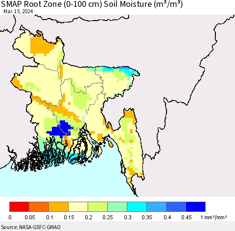 Bangladesh SMAP Root Zone (0-100 cm) Soil Moisture (m³/m³) Thematic Map For 3/11/2024 - 3/15/2024