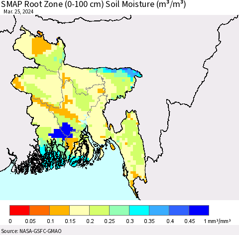 Bangladesh SMAP Root Zone (0-100 cm) Soil Moisture (m³/m³) Thematic Map For 3/21/2024 - 3/25/2024