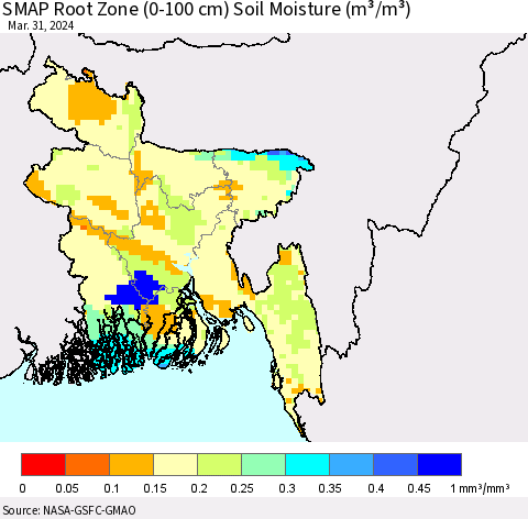 Bangladesh SMAP Root Zone (0-100 cm) Soil Moisture (m³/m³) Thematic Map For 3/26/2024 - 3/31/2024