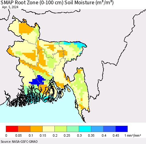 Bangladesh SMAP Root Zone (0-100 cm) Soil Moisture (m³/m³) Thematic Map For 4/1/2024 - 4/5/2024