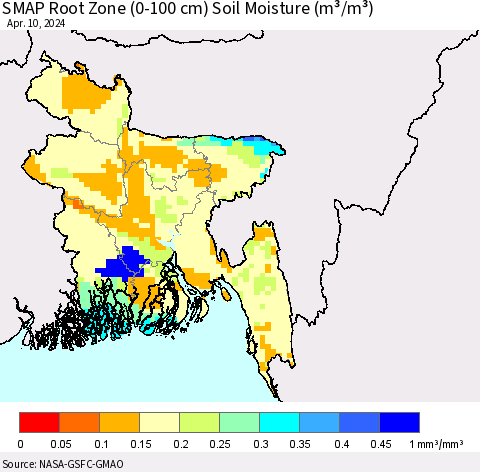 Bangladesh SMAP Root Zone (0-100 cm) Soil Moisture (m³/m³) Thematic Map For 4/6/2024 - 4/10/2024