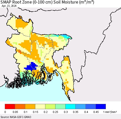 Bangladesh SMAP Root Zone (0-100 cm) Soil Moisture (m³/m³) Thematic Map For 4/11/2024 - 4/15/2024