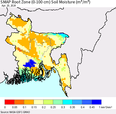 Bangladesh SMAP Root Zone (0-100 cm) Soil Moisture (m³/m³) Thematic Map For 4/16/2024 - 4/20/2024