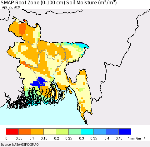 Bangladesh SMAP Root Zone (0-100 cm) Soil Moisture (m³/m³) Thematic Map For 4/21/2024 - 4/25/2024