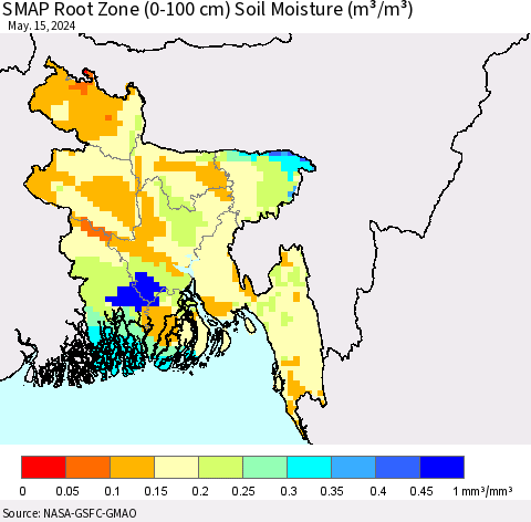Bangladesh SMAP Root Zone (0-100 cm) Soil Moisture (m³/m³) Thematic Map For 5/11/2024 - 5/15/2024