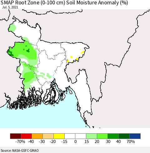 Bangladesh SMAP Root Zone (0-100 cm) Soil Moisture Anomaly (%) Thematic Map For 7/1/2021 - 7/5/2021