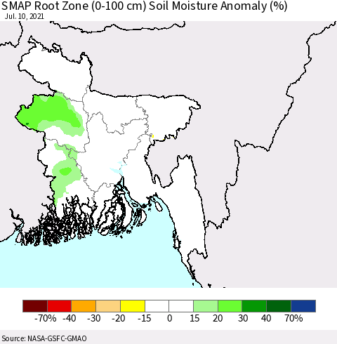 Bangladesh SMAP Root Zone (0-100 cm) Soil Moisture Anomaly (%) Thematic Map For 7/6/2021 - 7/10/2021