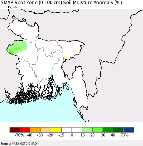 Bangladesh SMAP Root Zone (0-100 cm) Soil Moisture Anomaly (%) Thematic Map For 7/11/2021 - 7/15/2021