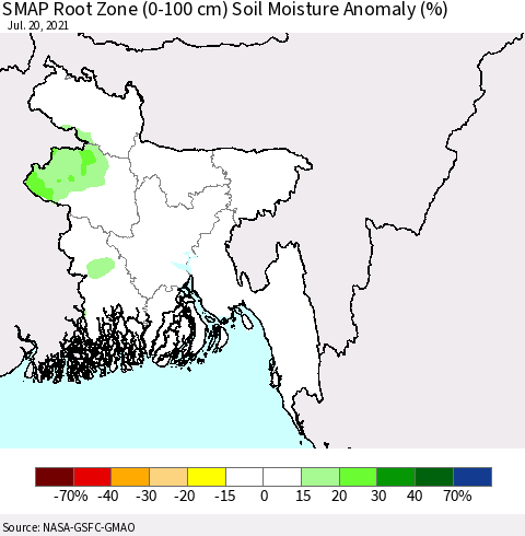 Bangladesh SMAP Root Zone (0-100 cm) Soil Moisture Anomaly (%) Thematic Map For 7/16/2021 - 7/20/2021