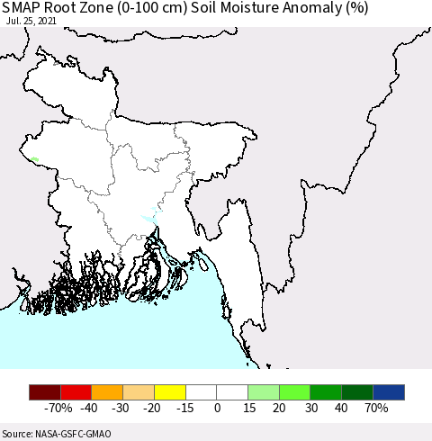 Bangladesh SMAP Root Zone (0-100 cm) Soil Moisture Anomaly (%) Thematic Map For 7/21/2021 - 7/25/2021