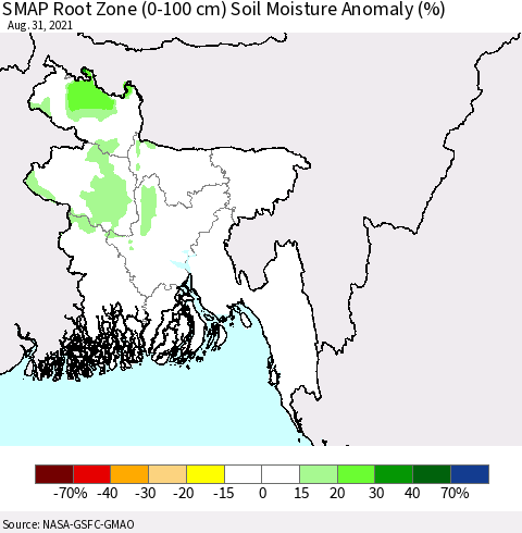 Bangladesh SMAP Root Zone (0-100 cm) Soil Moisture Anomaly (%) Thematic Map For 8/26/2021 - 8/31/2021