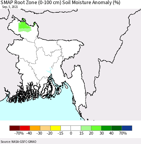 Bangladesh SMAP Root Zone (0-100 cm) Soil Moisture Anomaly (%) Thematic Map For 9/1/2021 - 9/5/2021