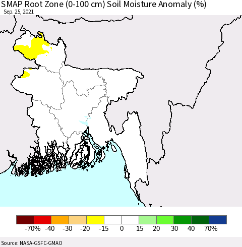 Bangladesh SMAP Root Zone (0-100 cm) Soil Moisture Anomaly (%) Thematic Map For 9/21/2021 - 9/25/2021