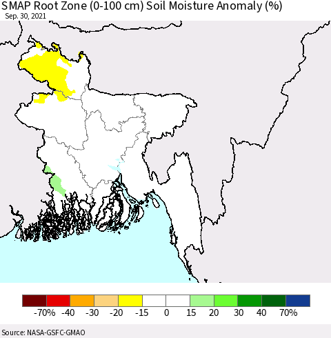 Bangladesh SMAP Root Zone (0-100 cm) Soil Moisture Anomaly (%) Thematic Map For 9/26/2021 - 9/30/2021