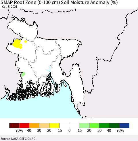 Bangladesh SMAP Root Zone (0-100 cm) Soil Moisture Anomaly (%) Thematic Map For 10/1/2021 - 10/5/2021