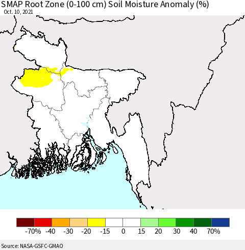 Bangladesh SMAP Root Zone (0-100 cm) Soil Moisture Anomaly (%) Thematic Map For 10/6/2021 - 10/10/2021
