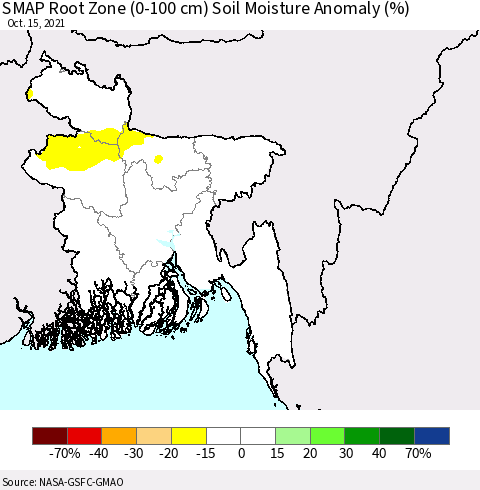 Bangladesh SMAP Root Zone (0-100 cm) Soil Moisture Anomaly (%) Thematic Map For 10/11/2021 - 10/15/2021