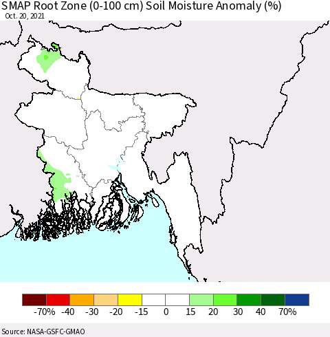 Bangladesh SMAP Root Zone (0-100 cm) Soil Moisture Anomaly (%) Thematic Map For 10/16/2021 - 10/20/2021