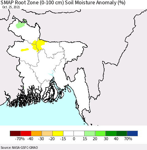 Bangladesh SMAP Root Zone (0-100 cm) Soil Moisture Anomaly (%) Thematic Map For 10/21/2021 - 10/25/2021