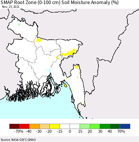 Bangladesh SMAP Root Zone (0-100 cm) Soil Moisture Anomaly (%) Thematic Map For 11/21/2021 - 11/25/2021