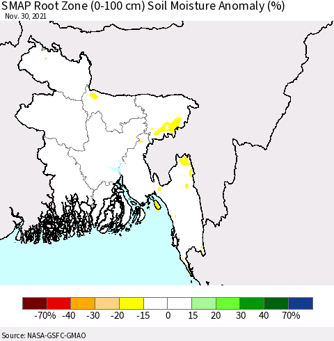 Bangladesh SMAP Root Zone (0-100 cm) Soil Moisture Anomaly (%) Thematic Map For 11/26/2021 - 11/30/2021