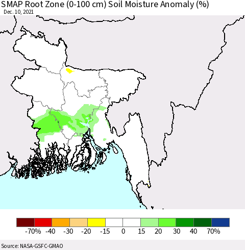 Bangladesh SMAP Root Zone (0-100 cm) Soil Moisture Anomaly (%) Thematic Map For 12/6/2021 - 12/10/2021