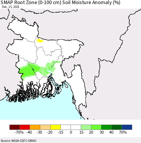 Bangladesh SMAP Root Zone (0-100 cm) Soil Moisture Anomaly (%) Thematic Map For 12/11/2021 - 12/15/2021