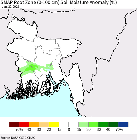 Bangladesh SMAP Root Zone (0-100 cm) Soil Moisture Anomaly (%) Thematic Map For 1/16/2022 - 1/20/2022
