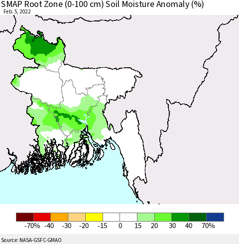 Bangladesh SMAP Root Zone (0-100 cm) Soil Moisture Anomaly (%) Thematic Map For 2/1/2022 - 2/5/2022