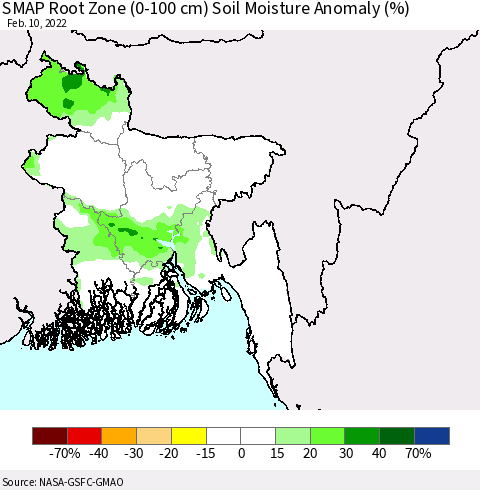 Bangladesh SMAP Root Zone (0-100 cm) Soil Moisture Anomaly (%) Thematic Map For 2/6/2022 - 2/10/2022