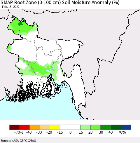 Bangladesh SMAP Root Zone (0-100 cm) Soil Moisture Anomaly (%) Thematic Map For 2/11/2022 - 2/15/2022