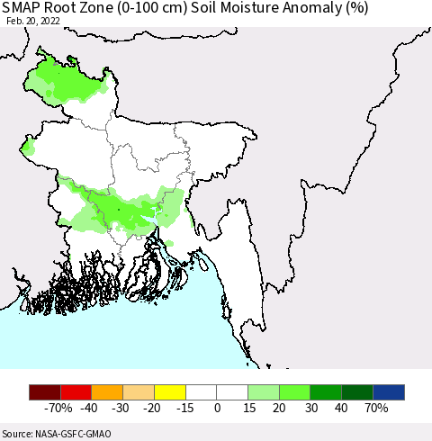 Bangladesh SMAP Root Zone (0-100 cm) Soil Moisture Anomaly (%) Thematic Map For 2/16/2022 - 2/20/2022