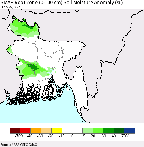 Bangladesh SMAP Root Zone (0-100 cm) Soil Moisture Anomaly (%) Thematic Map For 2/21/2022 - 2/25/2022