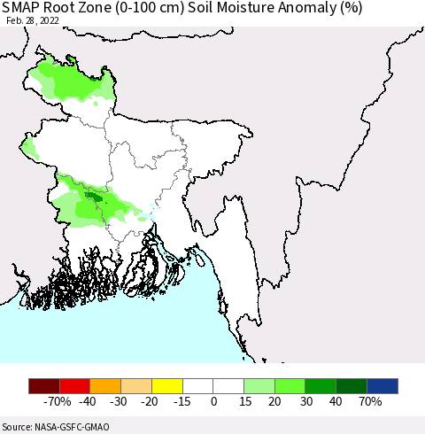 Bangladesh SMAP Root Zone (0-100 cm) Soil Moisture Anomaly (%) Thematic Map For 2/26/2022 - 2/28/2022