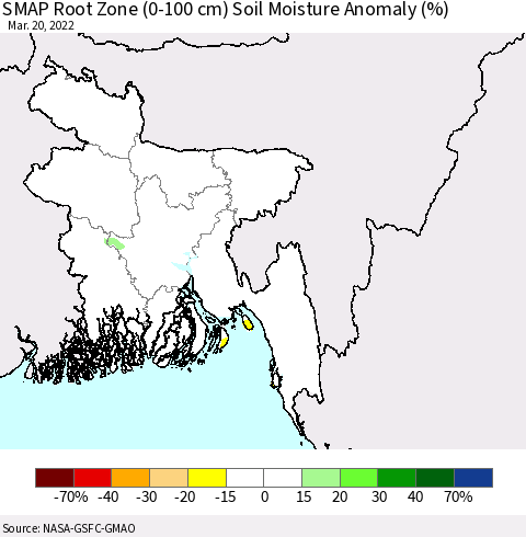 Bangladesh SMAP Root Zone (0-100 cm) Soil Moisture Anomaly (%) Thematic Map For 3/16/2022 - 3/20/2022